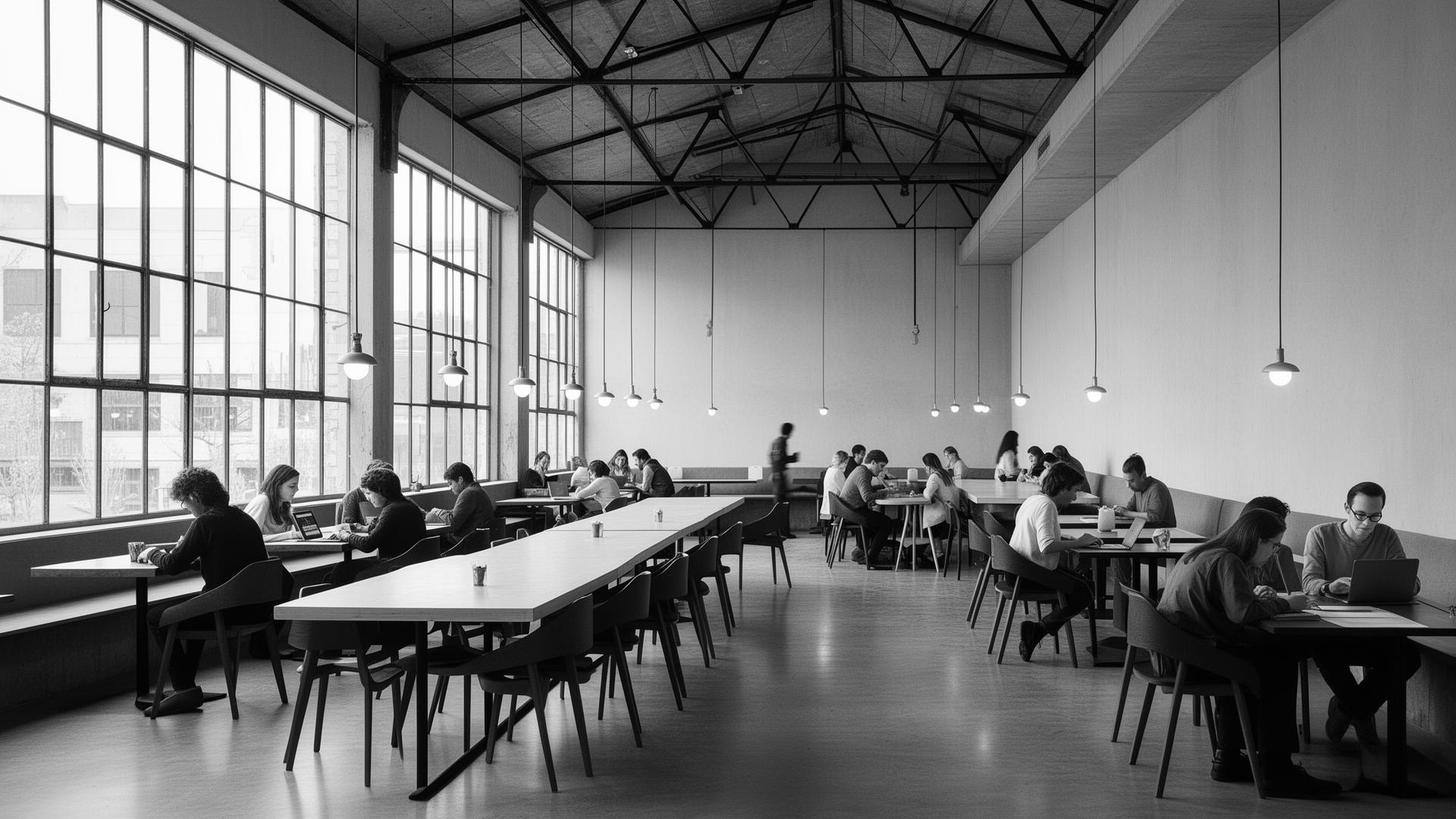 Minimalist café interior with builders working at long communal tables