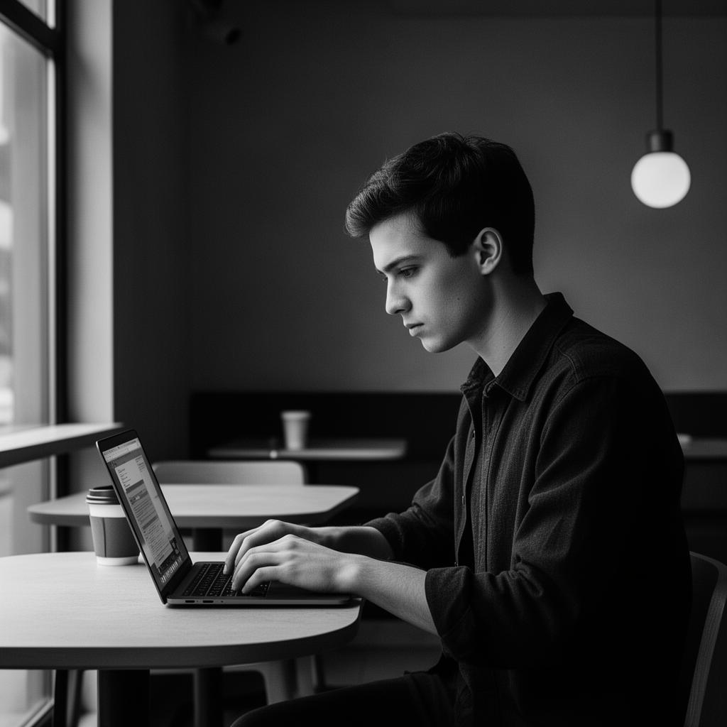 Founder working with intense focus on a laptop in a minimalist café